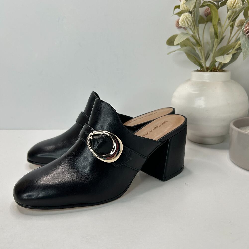 Bernardo Natasia Slip On Leather Mules Block Heels Buckle Women's 7 M NWOB
